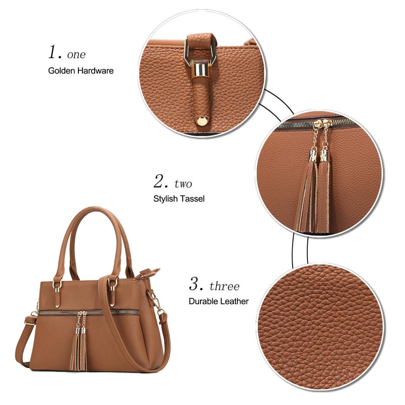 KKXIU 3 Zippered Compartments Purses and Handbags for Women Vegan Leather Ladies Multi Pocket Satchel Bags (D-brown) - Image 5